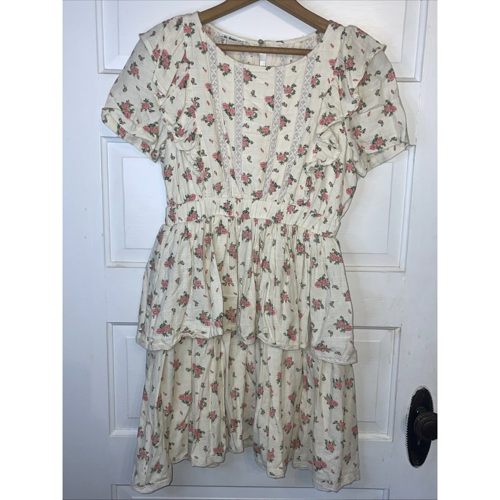 Lovely Cottage Core Feminine Dress | Ivory Pink Flowers Green Lace Ruffle Layers